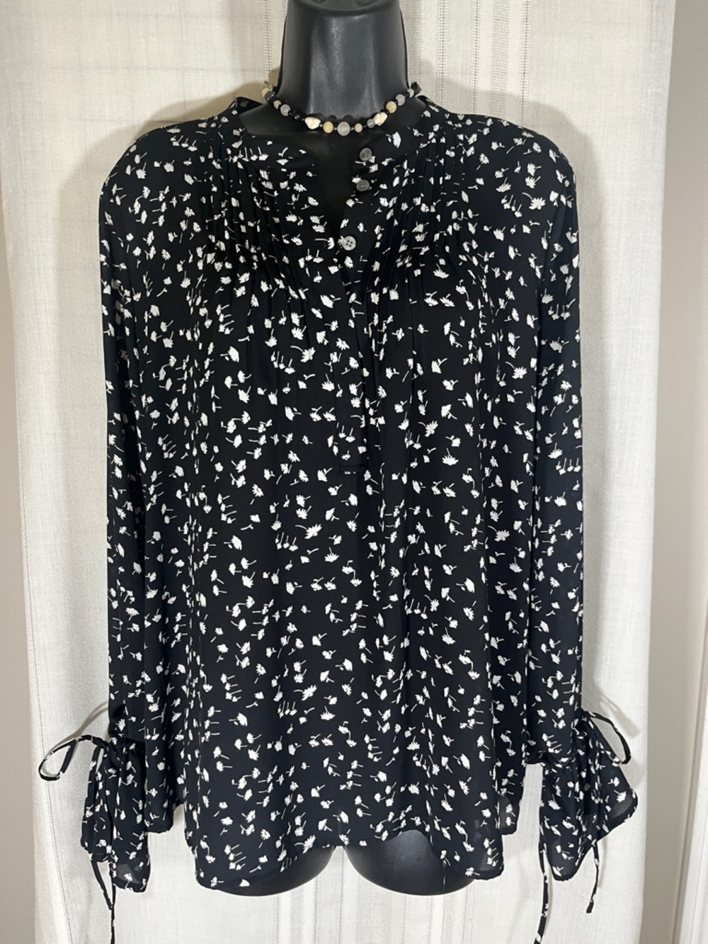 J.Crew NWT Black White Floral Blouse Tie Sleeve Pleated Sheer Top Medium